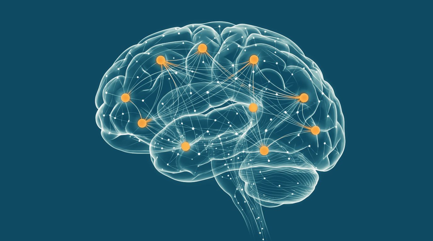 Illustration: a brain drawn as a network of glowing points joined by fine lines.